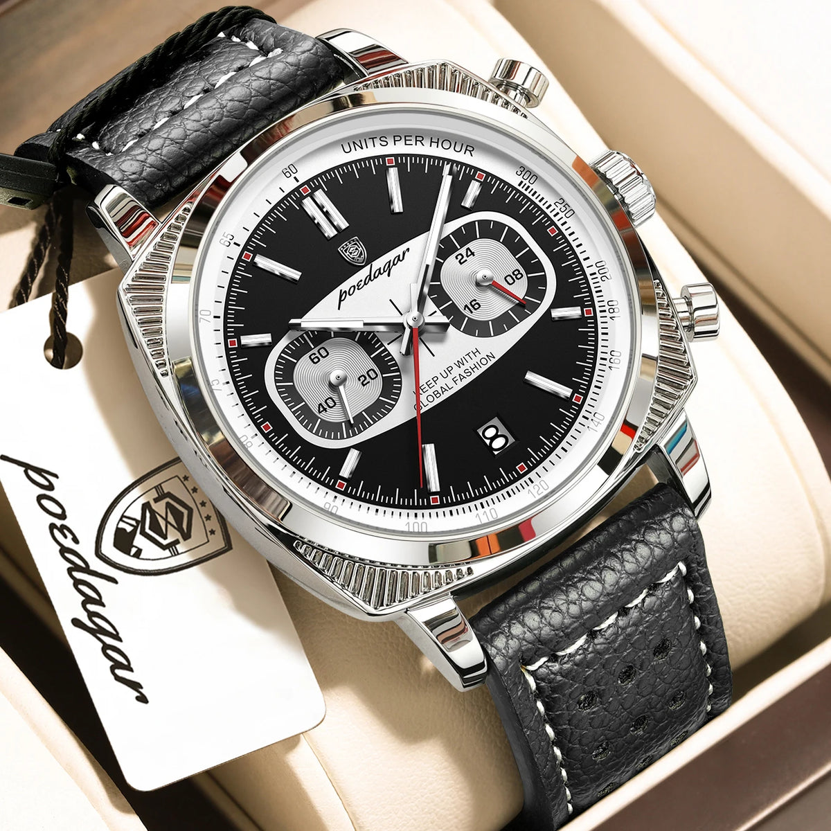 Poedagar 838 Luxury Leather Strap Square Multifunctional Chronograph Luminous Waterproof Quartz Watch for Men
