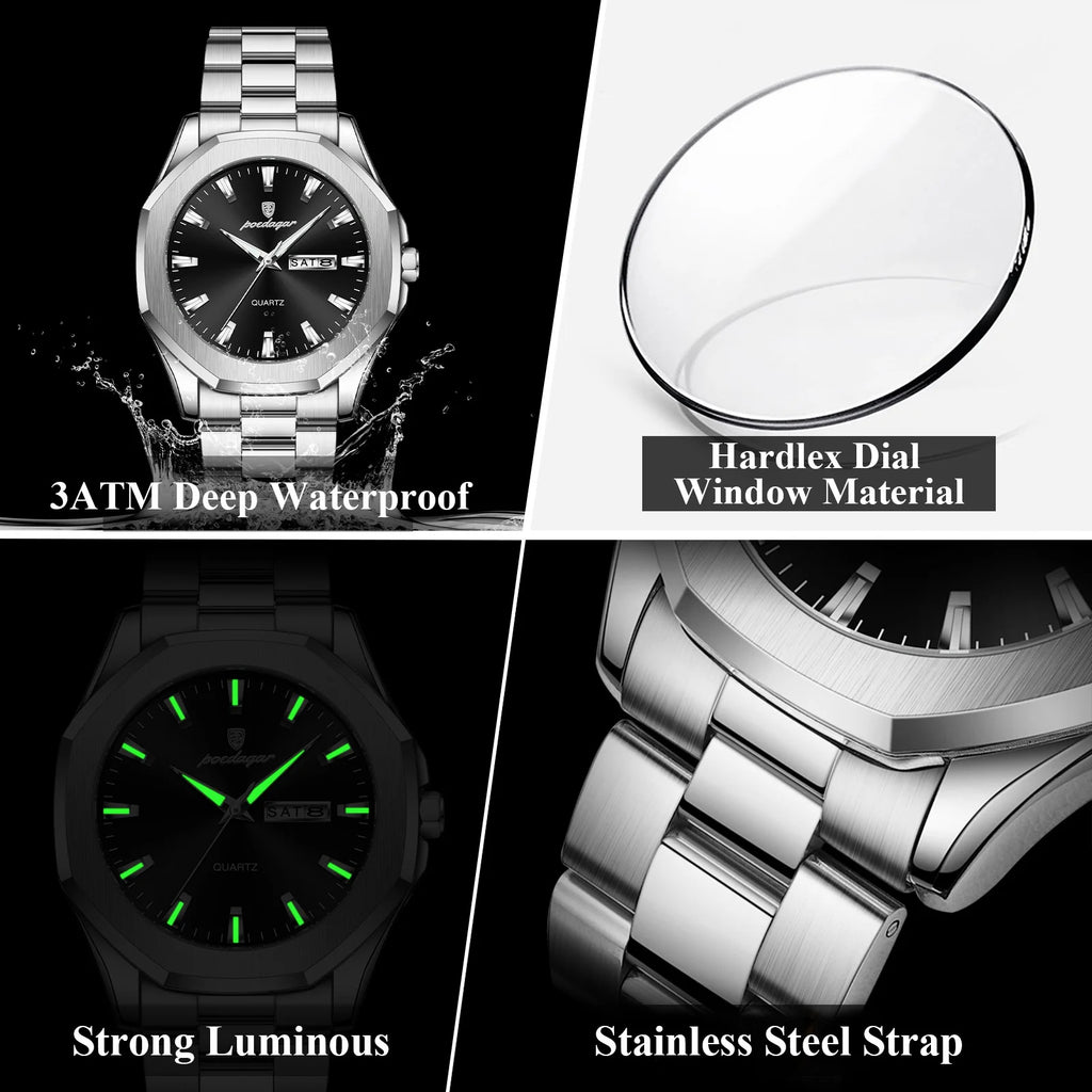 Poedagar 875 Luxury Mens Watch Business Octagonal Case Stainless Steel Quartz Watch Reloj Luminous Waterproof Wristwatch for Men