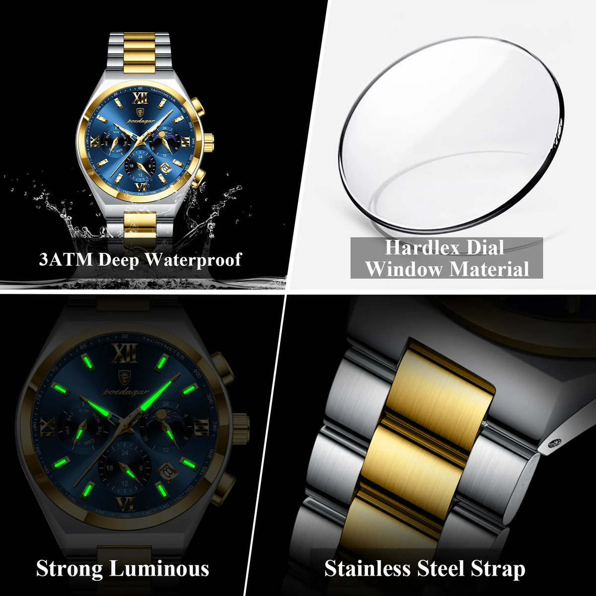 Poedagar New Fashion Men's Quartz Watch 42MM Dial Waterproof Multi-Functional Chronograph Stainless Steel Watch for Men