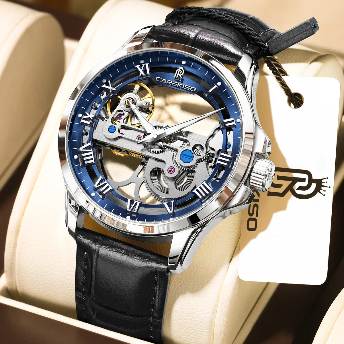 CAREKISO C124 Men Automatic Mechanical Wristwatch Waterproof Luminous Business Watch with Genuine Leather Strap