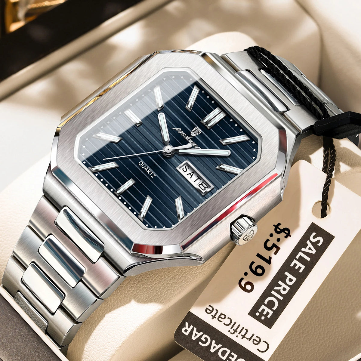 Poedagar 672 New Men's Luxury Stainless Steel Square Quartz Wristwatch Waterproof Luminous Date Display Watch for Men