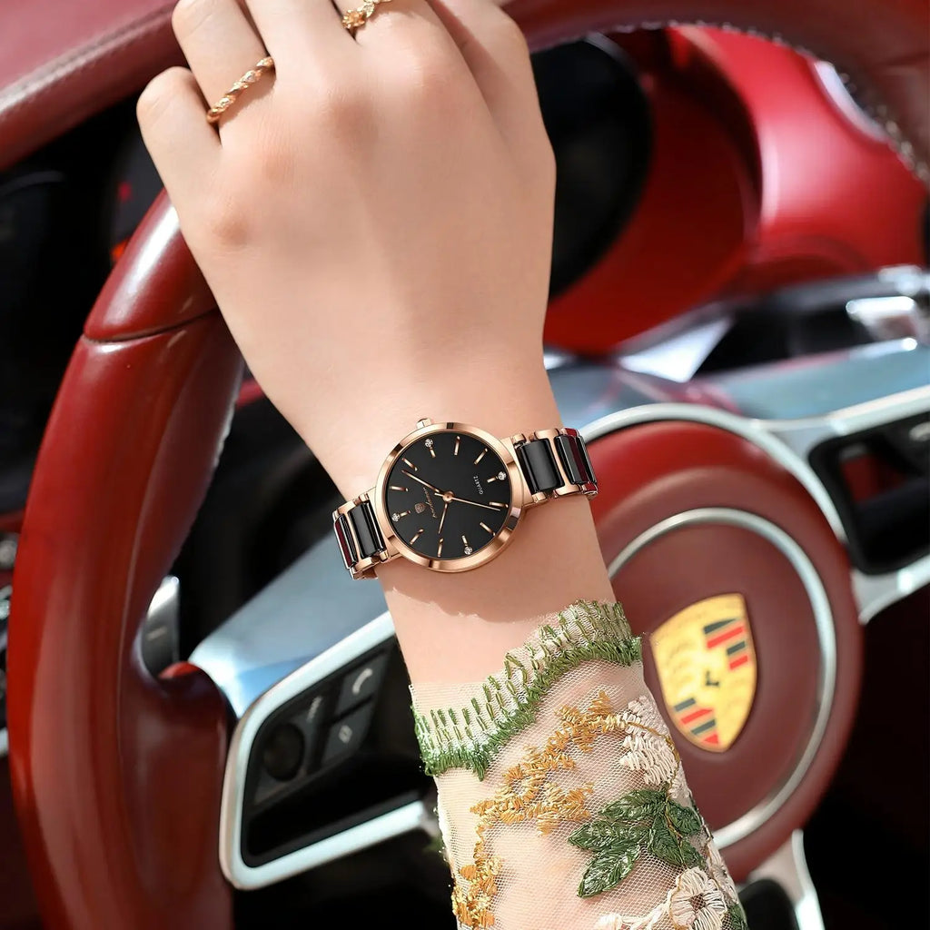 Poedagar 505 Elegant Rose Case Stainless Steel Bracelet 30M Waterproof Analog Quartz Watch for Women
