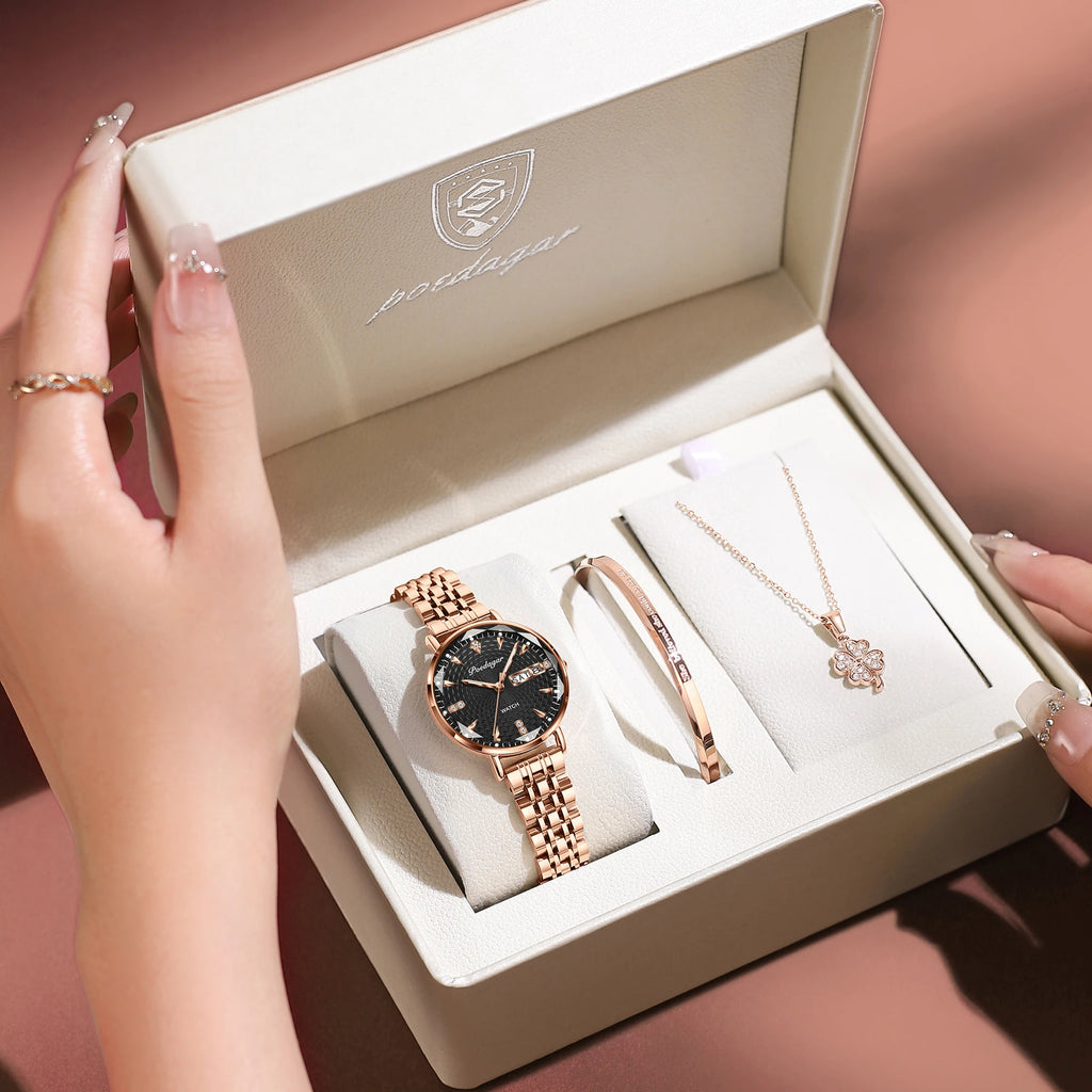 Poedagar 312 Luxury Ladies Watch & Bracelet Gift Set Stainless Steel Date Week Quartz Watches Waterproof Luminous Watch for Girl