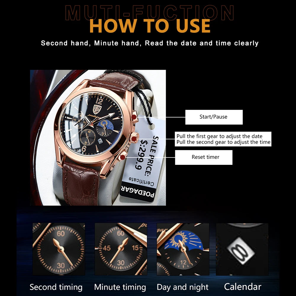 Poedagar Sport Watch for Men Fashion Leather Quartz Watches Waterproof Luminous Watches Men Wrist Date
