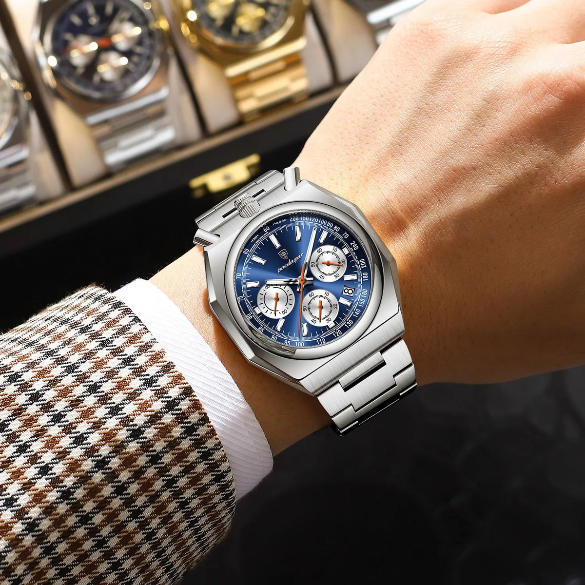 Poedagar 897 Mens Quartz Watches Luxury Business Watch Reloj Waterproof Luminous Chronograph Stainless Steel Wristwatch for Men