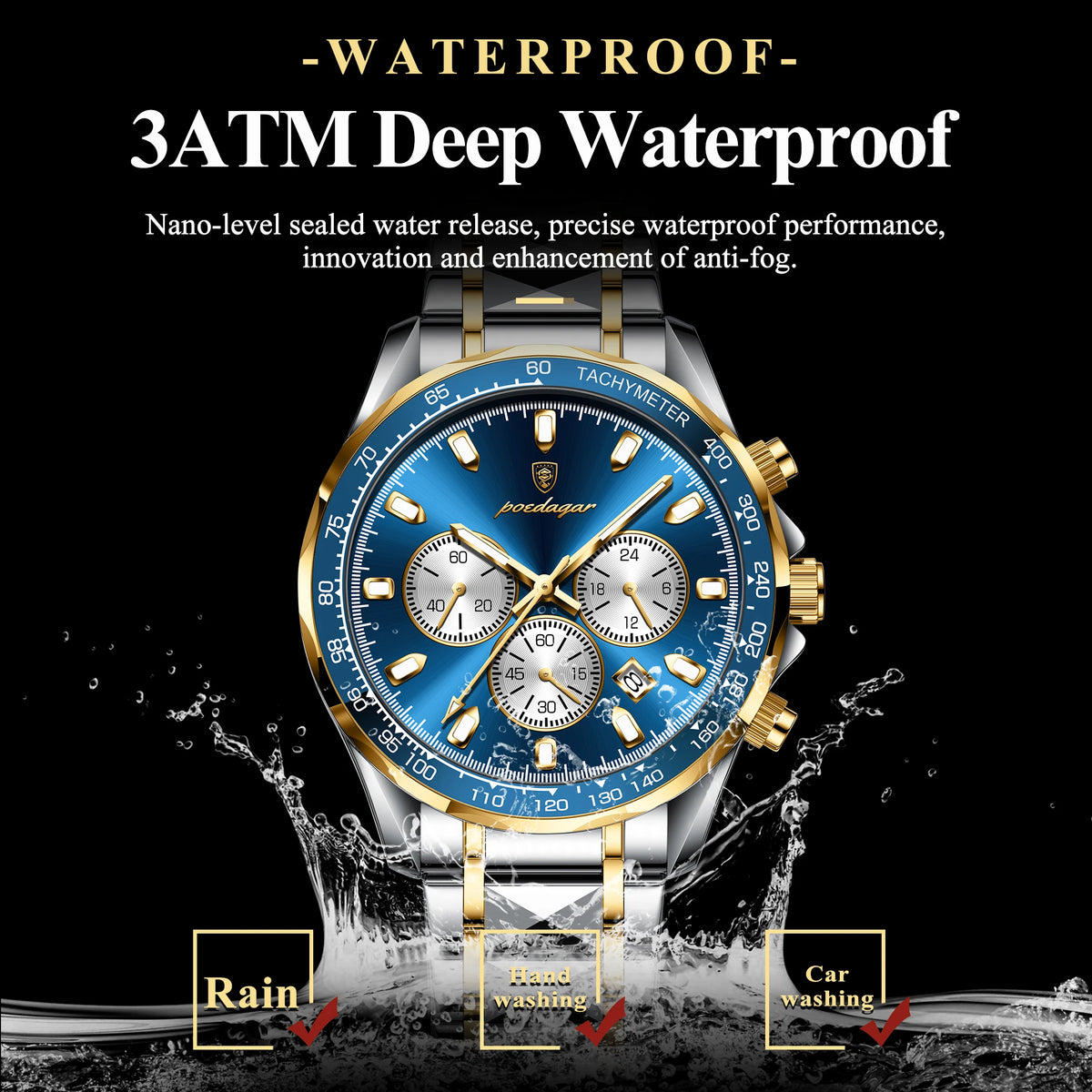 Poedagar 815 Luxury Stainless Steel Men Quartz Watches Waterproof Luminous Chronograph Watch for Men