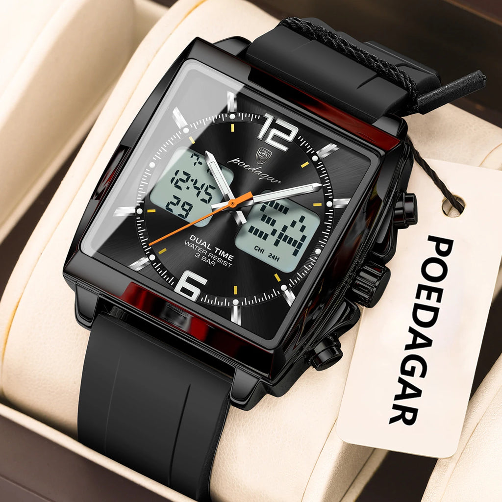 Poedagar E109 Men's Watch Dual Display Multifunctional Chronograph Silicone Strap Waterproof Luminous Alarm Quartz Watches