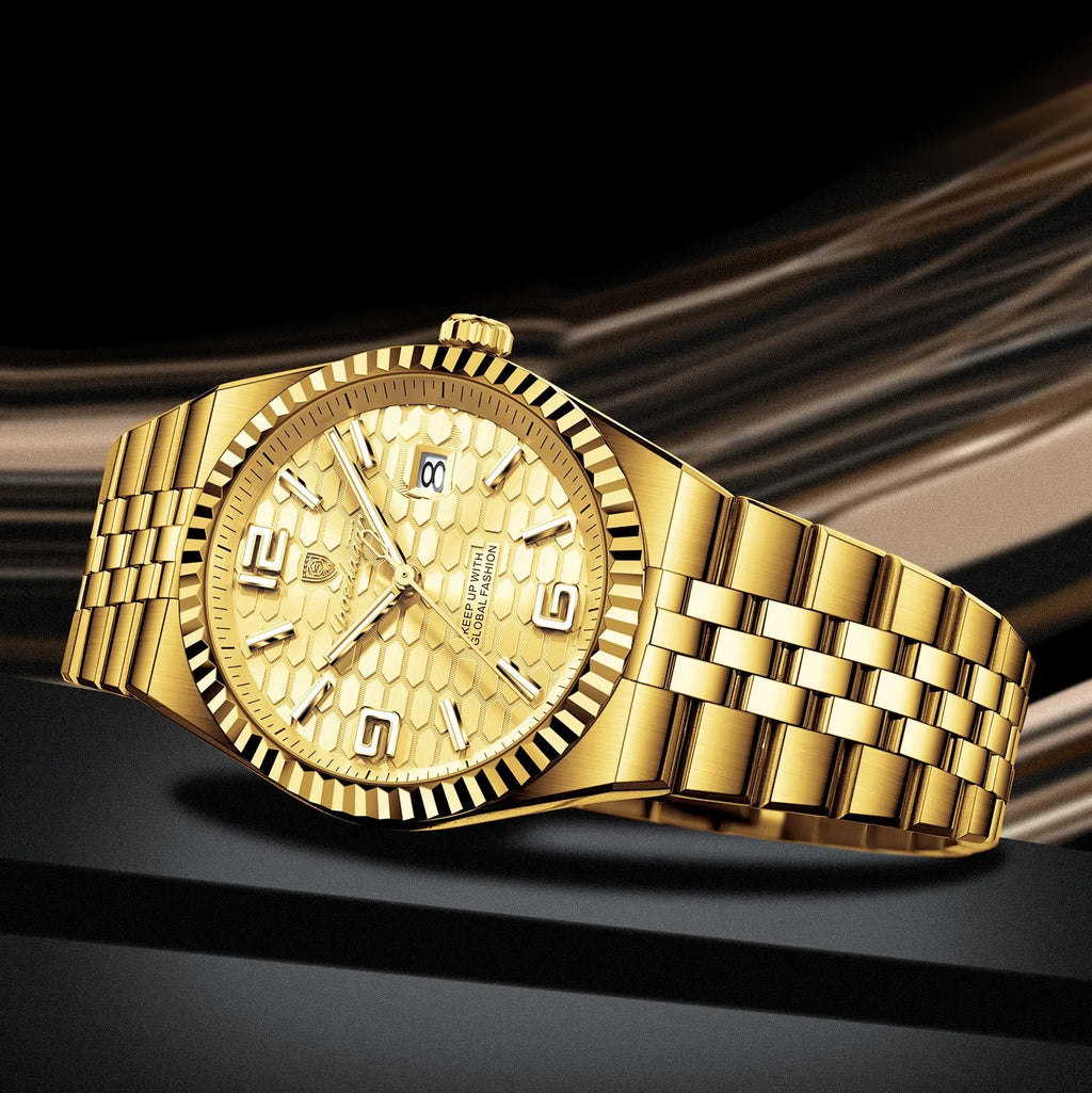 Poedagar 839 Luxury Men's Watch Gold Tone Business Classic Design Fluted Bezel Quartz Waterproof Wristwatch Reloj Montre Homme