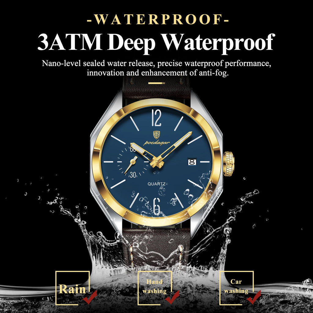 POEDAGAR 689 Luxury Antique Quartz Watch Men Hardlex Dial Leather Strap 3ATM Waterproof Luminous Night Light Business Wristwatch