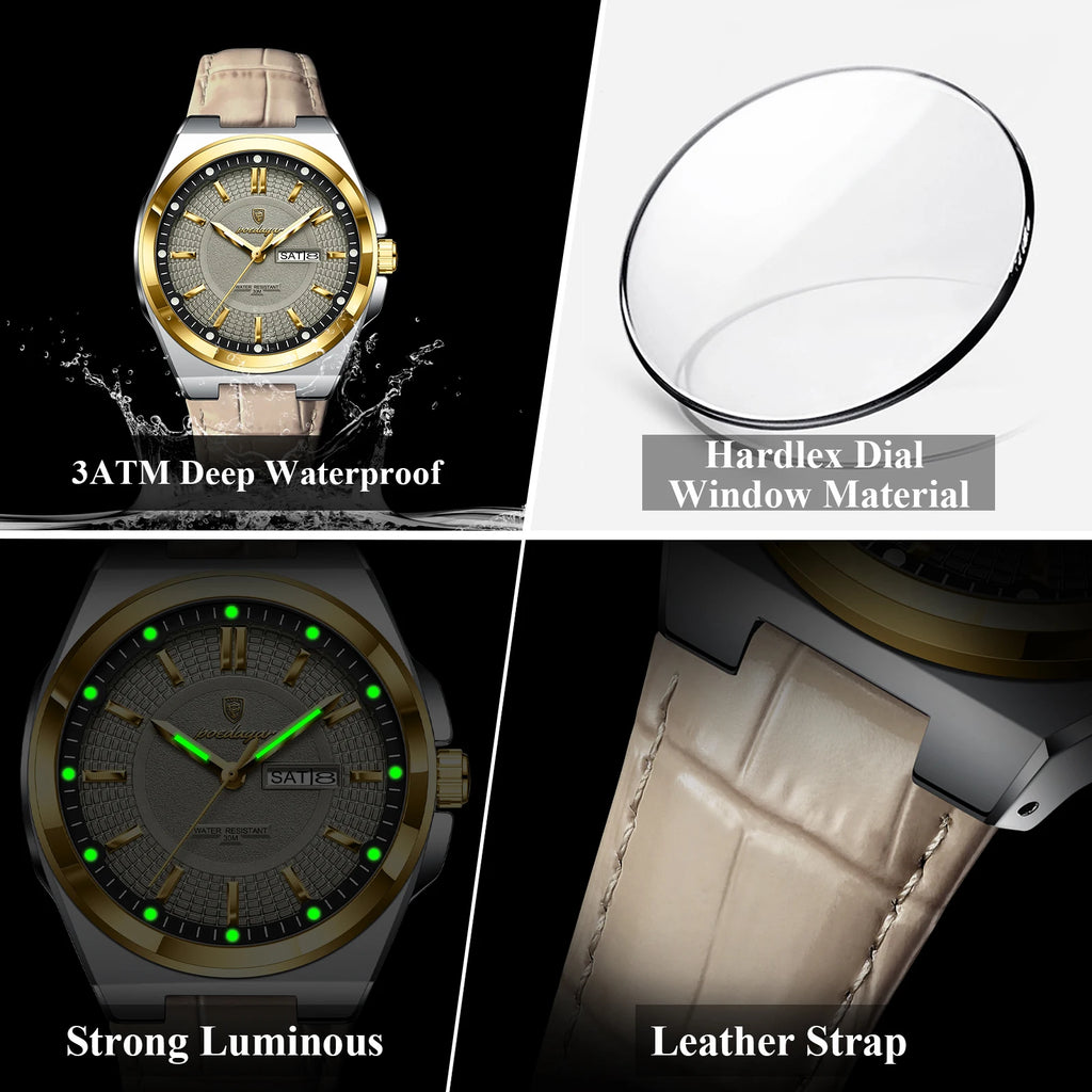 Poedagar 896 Luxury Sports Luminous Quartz Mens Watch Leather Strap Waterproof Watch for Men