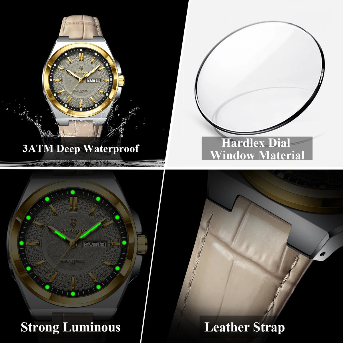 Poedagar 896 Luxury Sports Luminous Quartz Mens Watch Leather Strap Waterproof Watch for Men