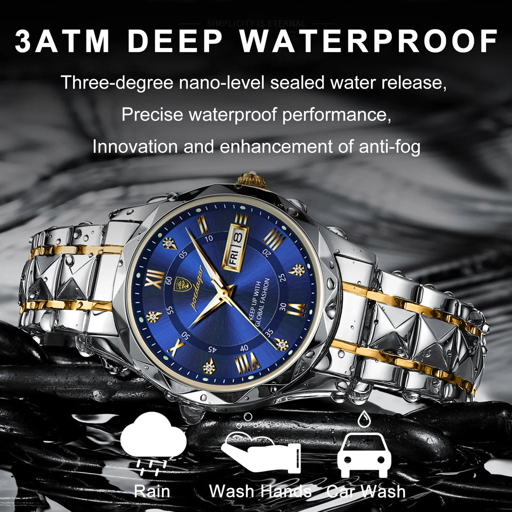 Poedagar Top Brand Luxury Waterproof Luminous Date Week Watch for Men Stainless Steel Quartz Watches Male Reloj