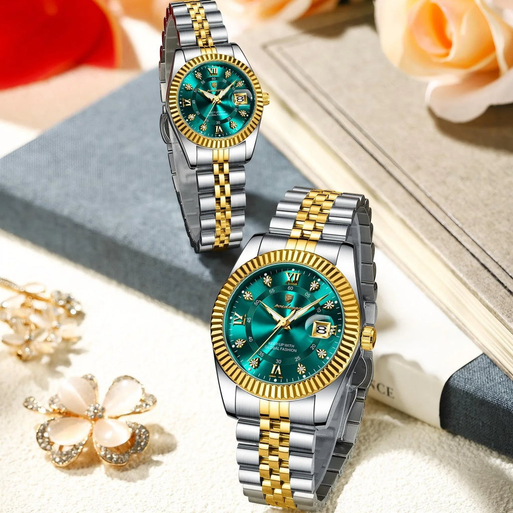 Poedagar Luxury Couple Watch Set for Men and Women Stainless Steel Quartz Calendar Waterproof Wrist Watch