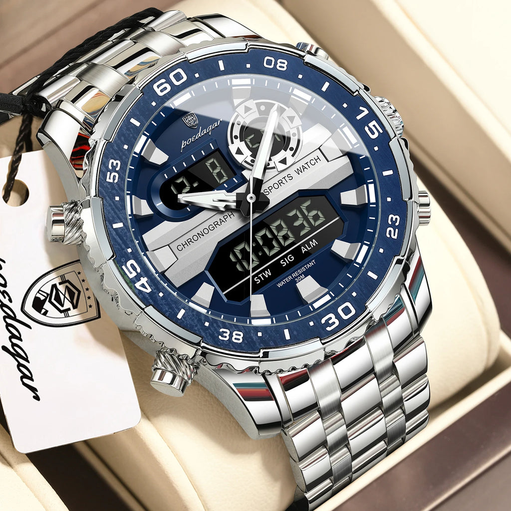 Poedagar E122 Men's Multifunctionality Chronograph Quartz Watch Stainless Steel Bracelet Alloy Case 3BAR Water Resistant