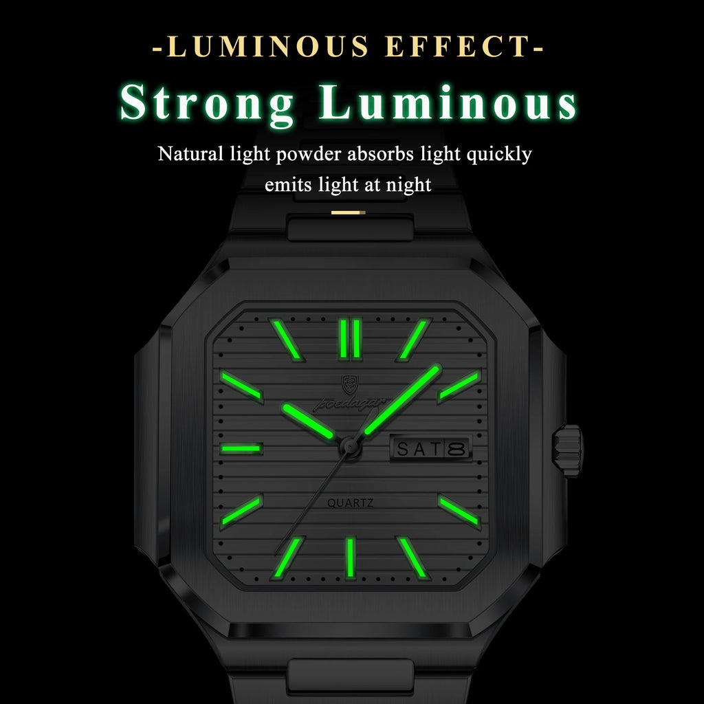 Poedagar 672 Men's Watch Luxury Business Stainless Steel Quartz Wristwatch Square Case Waterproof Luminous DateWatch for Men
