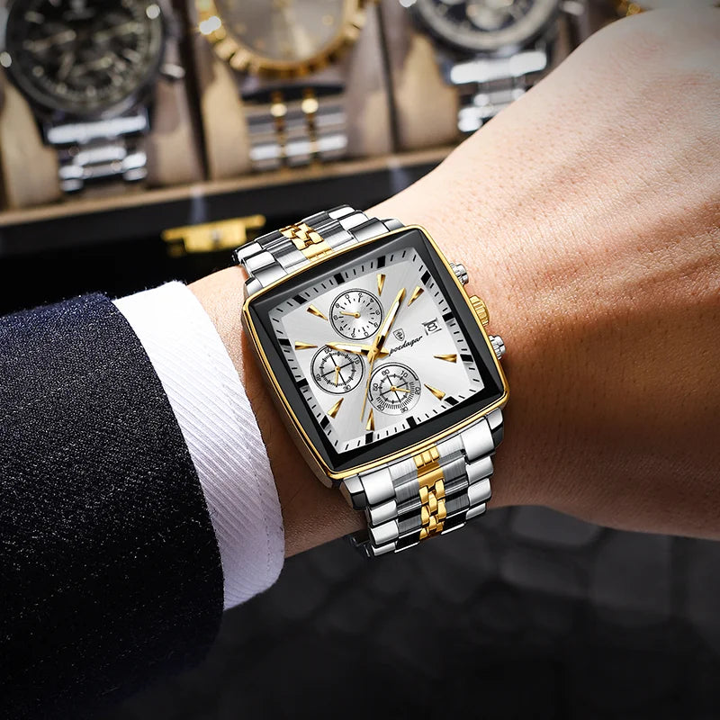 Poedagar New Fashion Square Stainless Steel Men's Watches Waterproof Luminous Chronograph Quartz Watch for Men