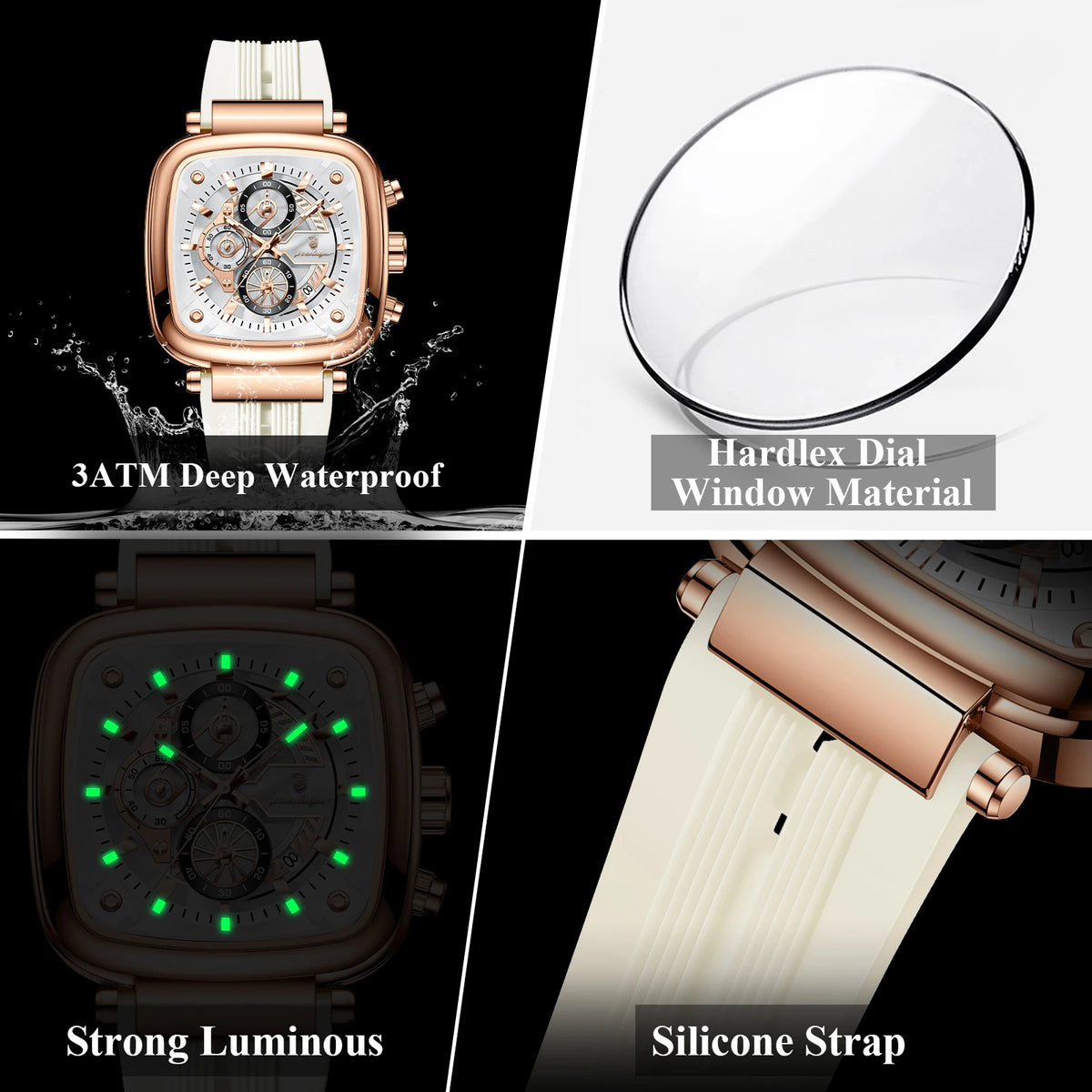 Poedagar 849 Mens Casual Sports Watch Square Chronograph Quartz Wristwatch Silicone Strap Luminous Factory Direct Montre Relojes