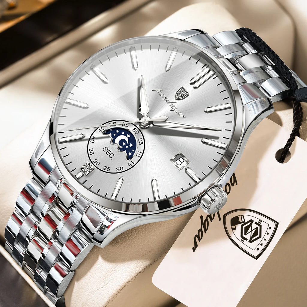 Poedagar 854 Mens Watch Luxury Stainless Steel Moon Phase Wristwatch Montre Homme Calendar Waterproof Business Watch for Men
