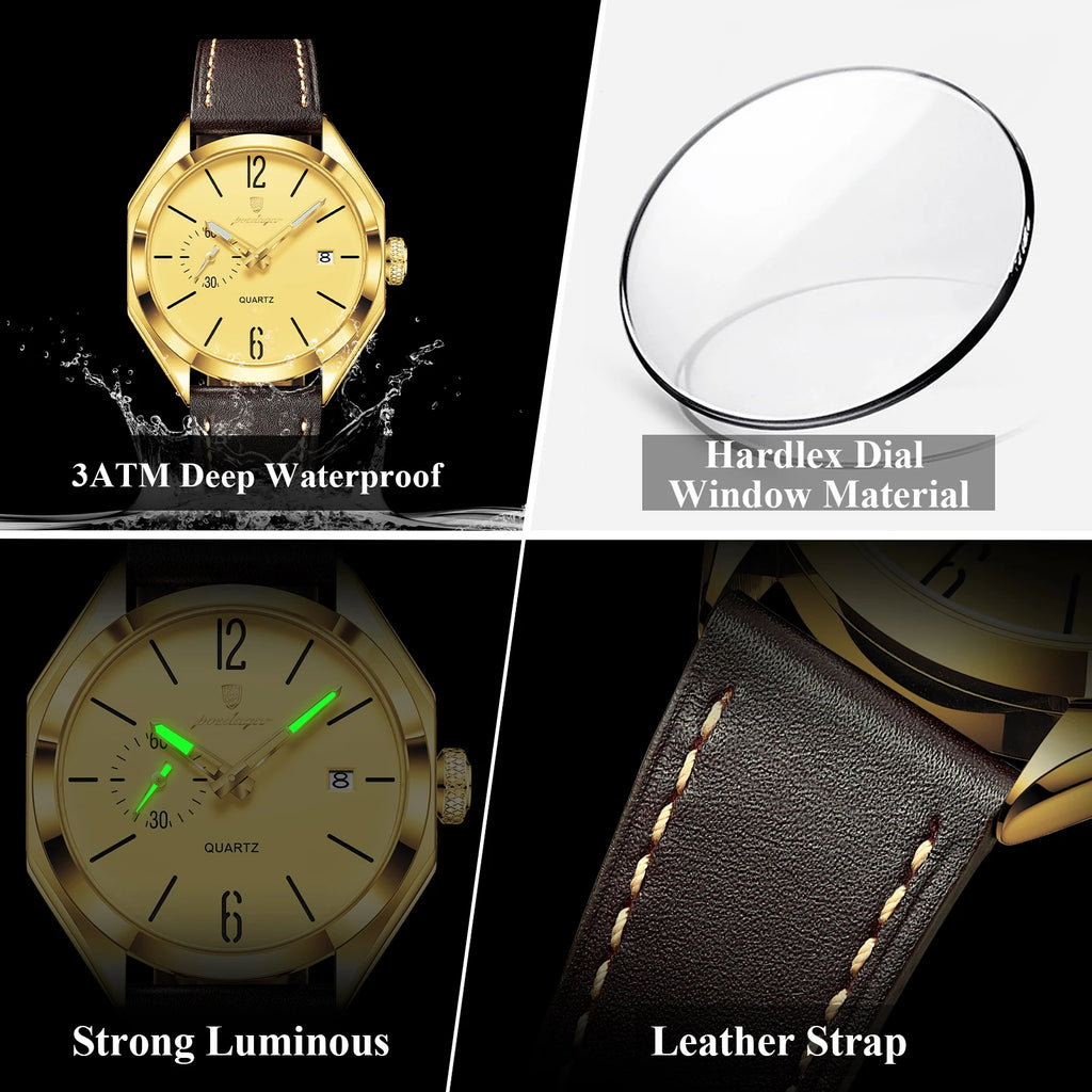 POEDAGAR 689 Quartz Watch Men Hardlex Dial Leather Strap 3ATM Waterproof Luminous Night Light Business Wristwatch