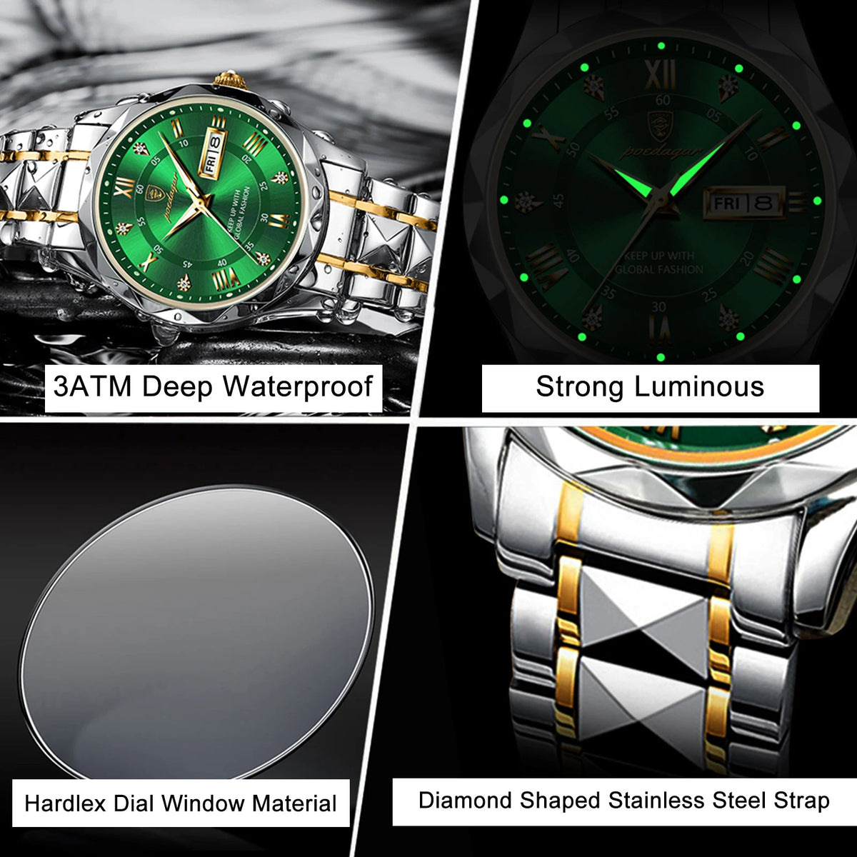 Poedagar 615 Luxury Men's Watches Green Dial Waterproof Luminous Date Week Quartz Watch for Men Stainless Steel Male Reloj