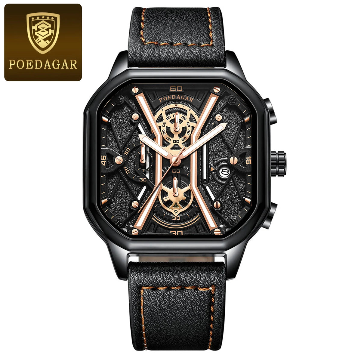 Poedagar 2023 Sport Chronograph Men Wristwatch Waterproof Leather Band Quartz Watch Luminous Calendar Watch for Men