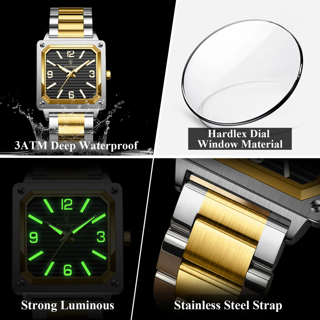 Poedagar 870 Luxury Men Watch Square Dial Reloj Waterproof Luminous Quartz Watches Stainless Steel Business Watch for Men Montre