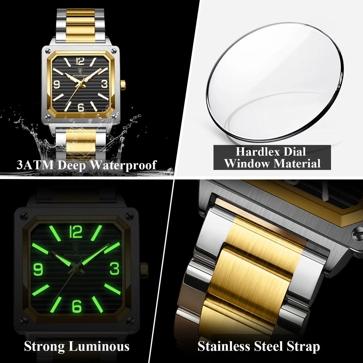 Poedagar 870 Luxury Men Watch Square Dial Reloj Waterproof Luminous Quartz Watches Stainless Steel Business Watch for Men Montre