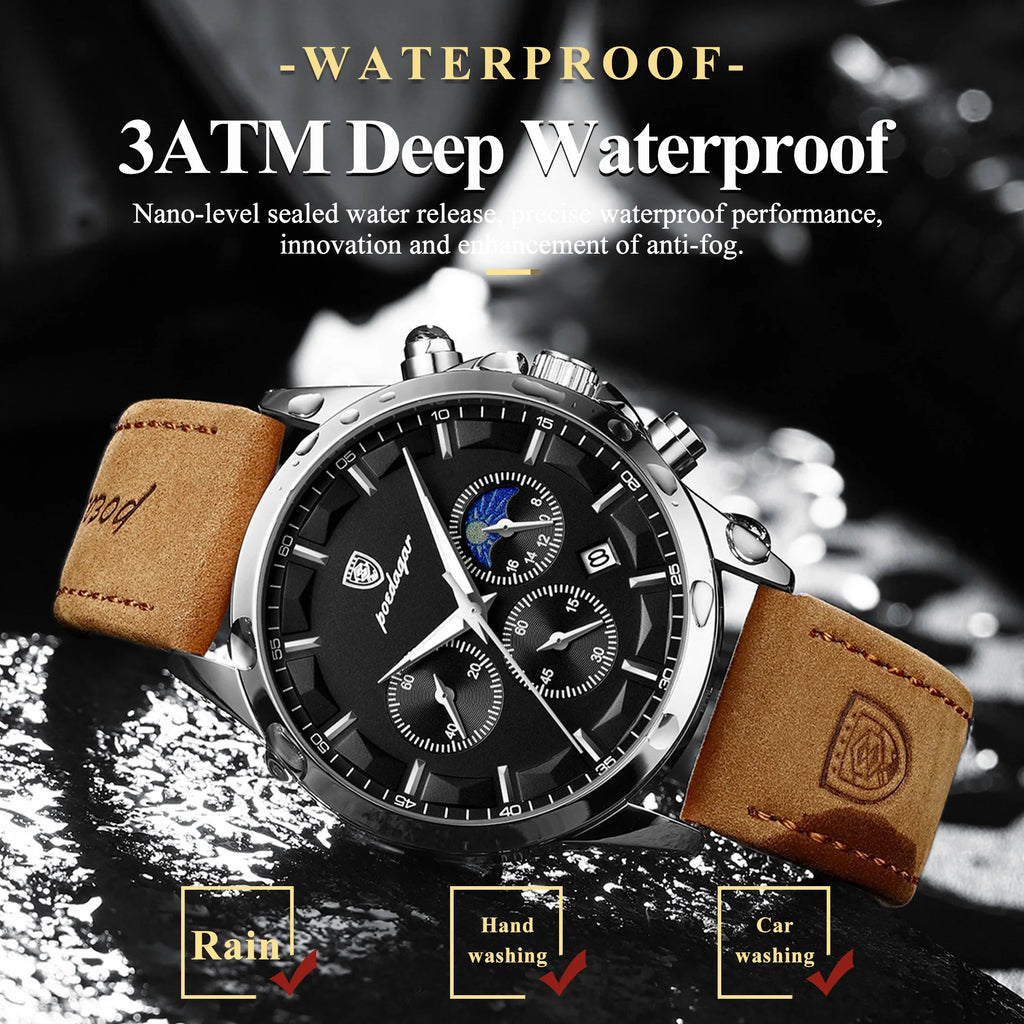 Ready to Ship POEDAGAR 928 Men Watch Luxury Moon Phase Chronograph Leather Strap Luminous Waterproof Watch for Men Montre Homme