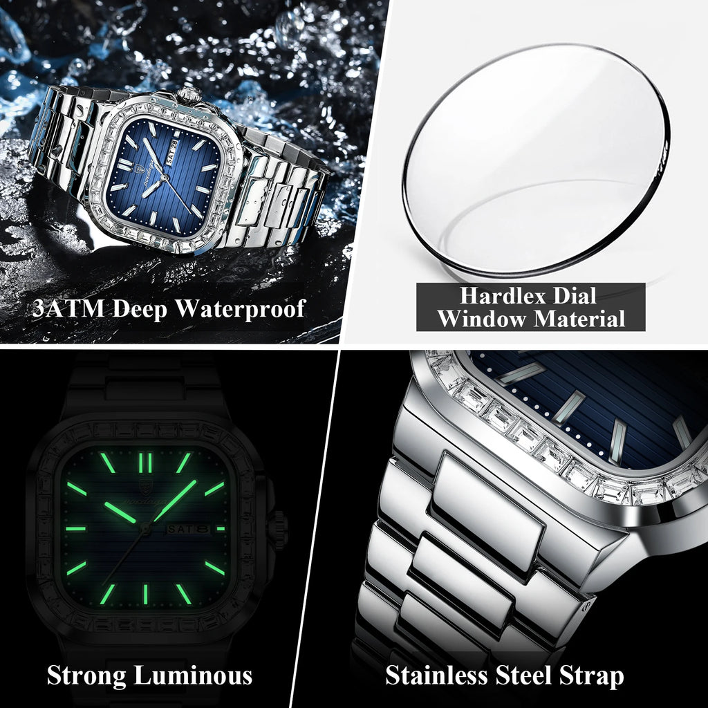 Poedagar New Arrival Waterproof Luxury Square Quartz Watch Luminous Stainless Steel Watch for Men