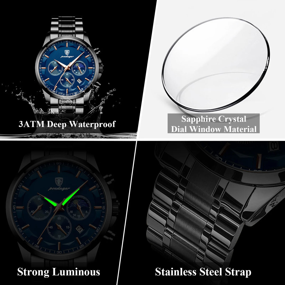 Poedagar 928 High Quality Men Watch Moon Phase Chronograph Stainless Steel Quartz Watch for Men Wholesale Price Ready to Ship