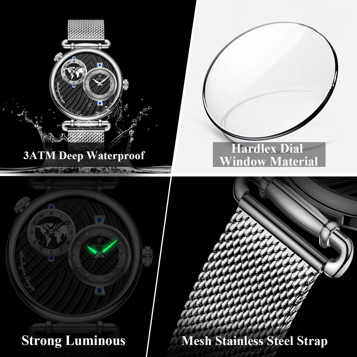 Poedagar 848 Men's Luxuryl Quartz Watch Dual Time Zone Mesh Stainless Steel Luminous Waterproof Fashion Business Herrenuhr