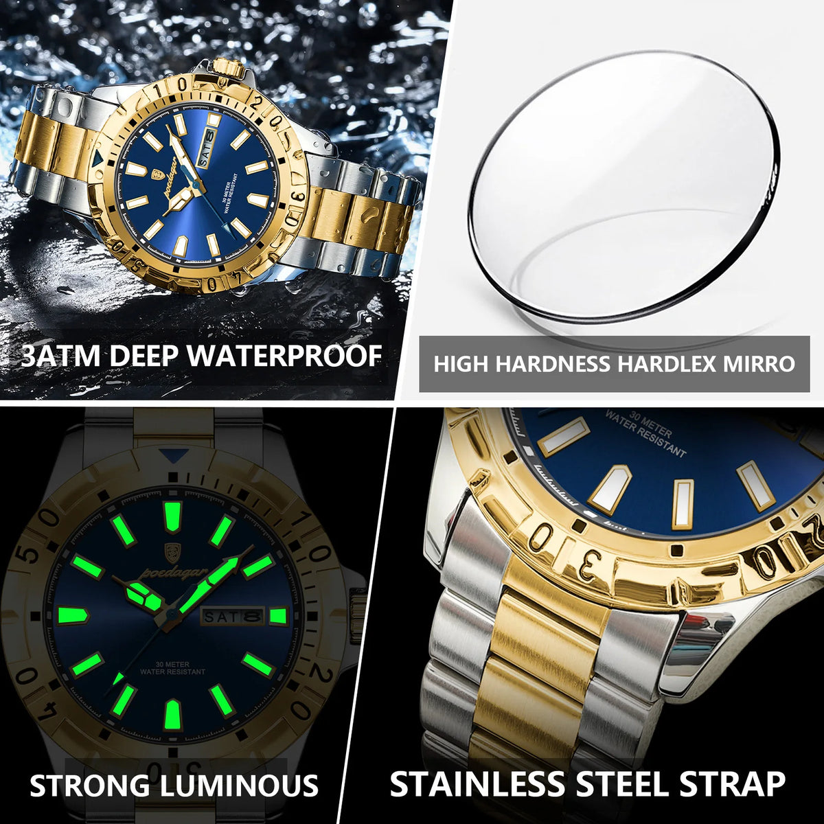Poedagar 959 Men's Quartz Watch Two-Tone Stainless Steel Business Wristwatch Herrenuhr Waterproof Luminous Date Watch for Men