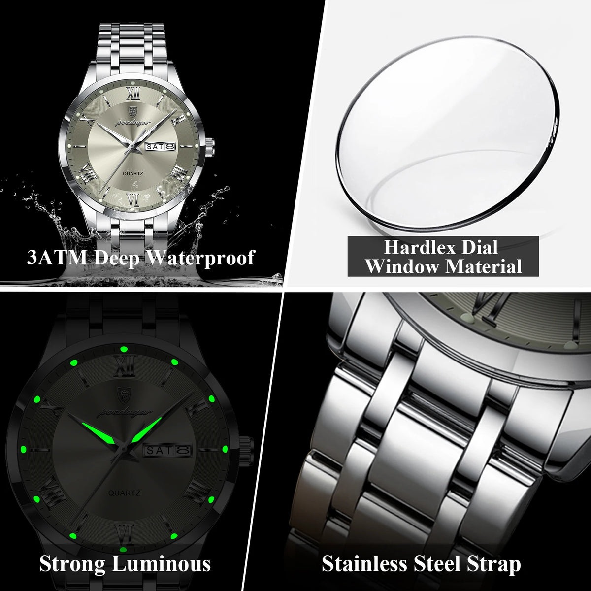 Poedagar 978 Luxury Quartz Watches Stainless Steel Bracelet Watch for Men Luminous Waterproof Mens Watch