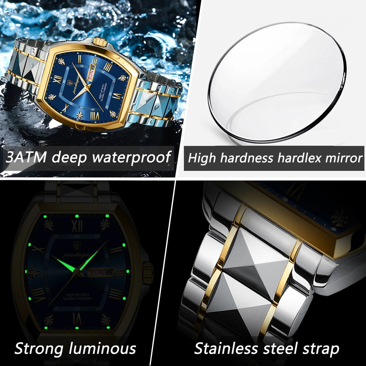 Poedagar 958 Men's Quartz Watch Luxury Tonneau Case Date Week Stainless Steel Wristwatch Waterproof Luminous Watch for Men
