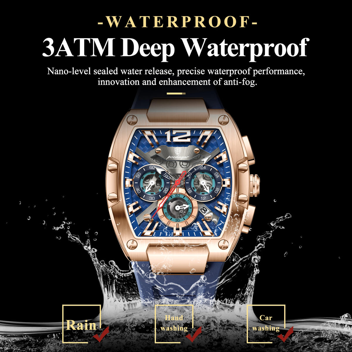 Poedagar 9051 Luxury Mens Sport Watch Tonneau Case Silicone Strap Reloj Hombre Waterproof Quartz Watch for Men Factory Direct