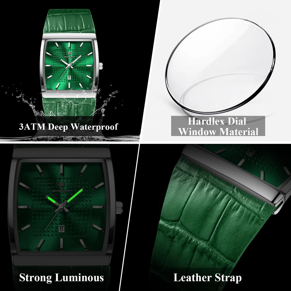 Poedagar 885 Luxury Mens Watch Leather Strap Green Dial Quartz Watches Business Waterproof Wristwatch for Men Factory Direct