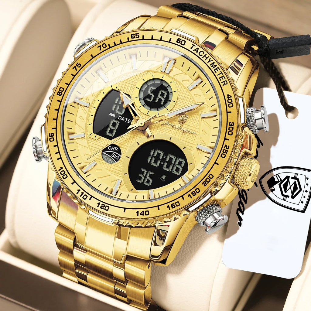 Poedagar E127 Men Watch Dual Display Digital Analog Wristwatch Luminous Waterproof Herrenuhr Sport Stainless Steel Watch for Men