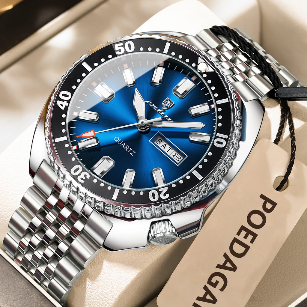Poedagar 682 Business Casual Men Watch Rotating Bezel Date Day Luminous Waterproof Stainless Steel Quartz Wristwatch Montre