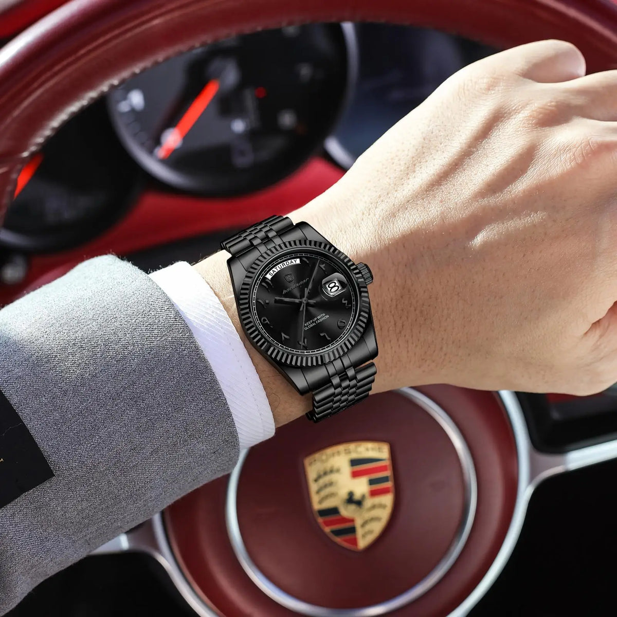 POEDAGAR 845 Montre Homme Luxe Noir Stainless Steel Waterproof Quartz Watch Date Day Business Wristwatch