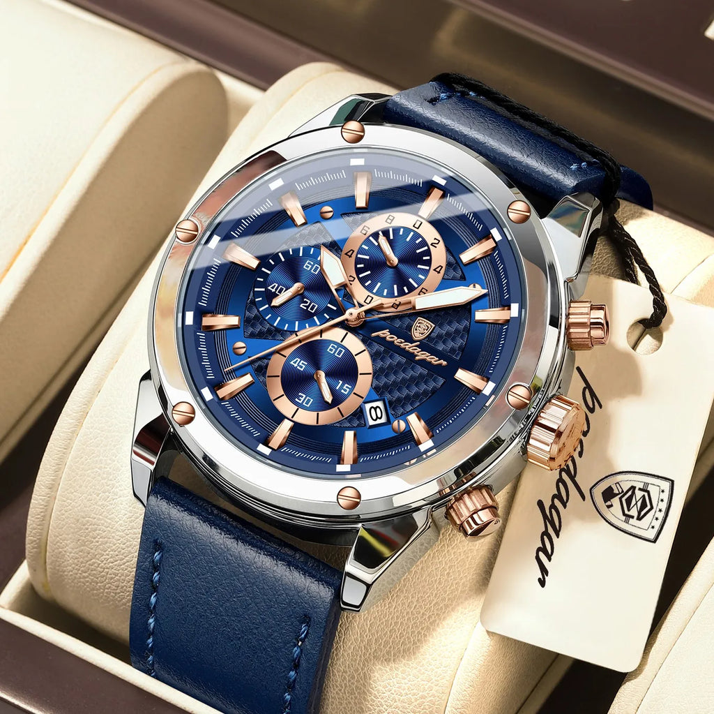 Poedagar 860 Luxury Men's Watch Sports Chronograph Quartz Wristwatch Waterproof Luminous Montre Leather Strap Watches for Men