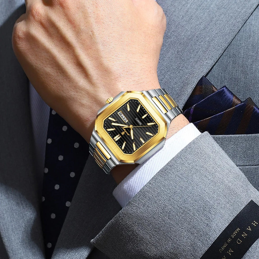 Men's Watch Luxury Poedagar 672 Square Case Stainless Steel Bracelet Quartz Watches Reloj Date Luminous Waterproof Watch for Men