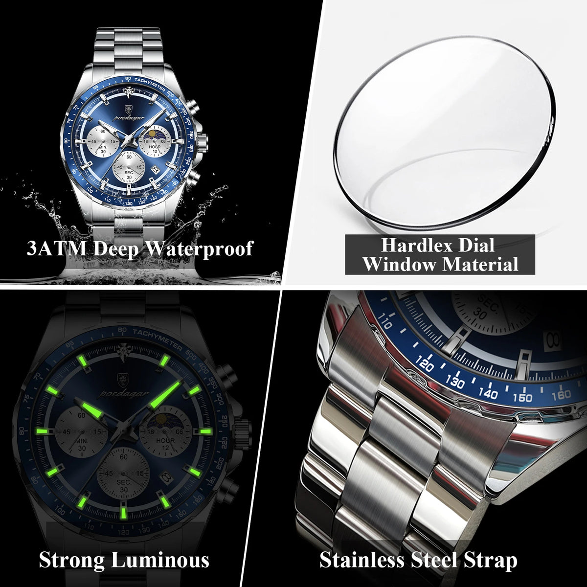 Poedagar 879 Original Men Reloj Waterproof Luminous Chronograph Quartz Men's Watches Luxury Stainless Steel Watch for Men