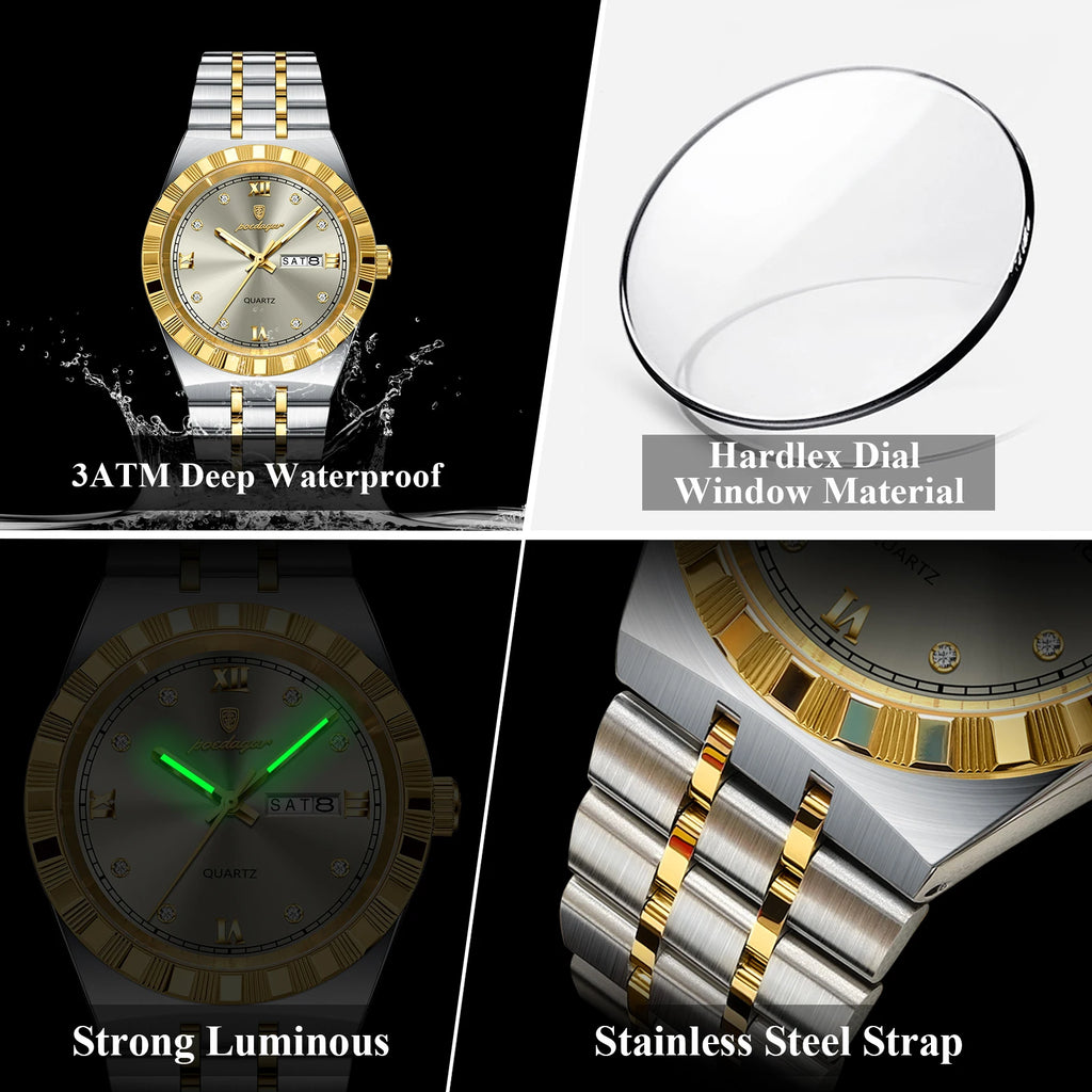 Poedagar 872 Man Wristwatch Quartz Week Date Watch for Men Waterproof Luminous Stainless Steel Men's Watches