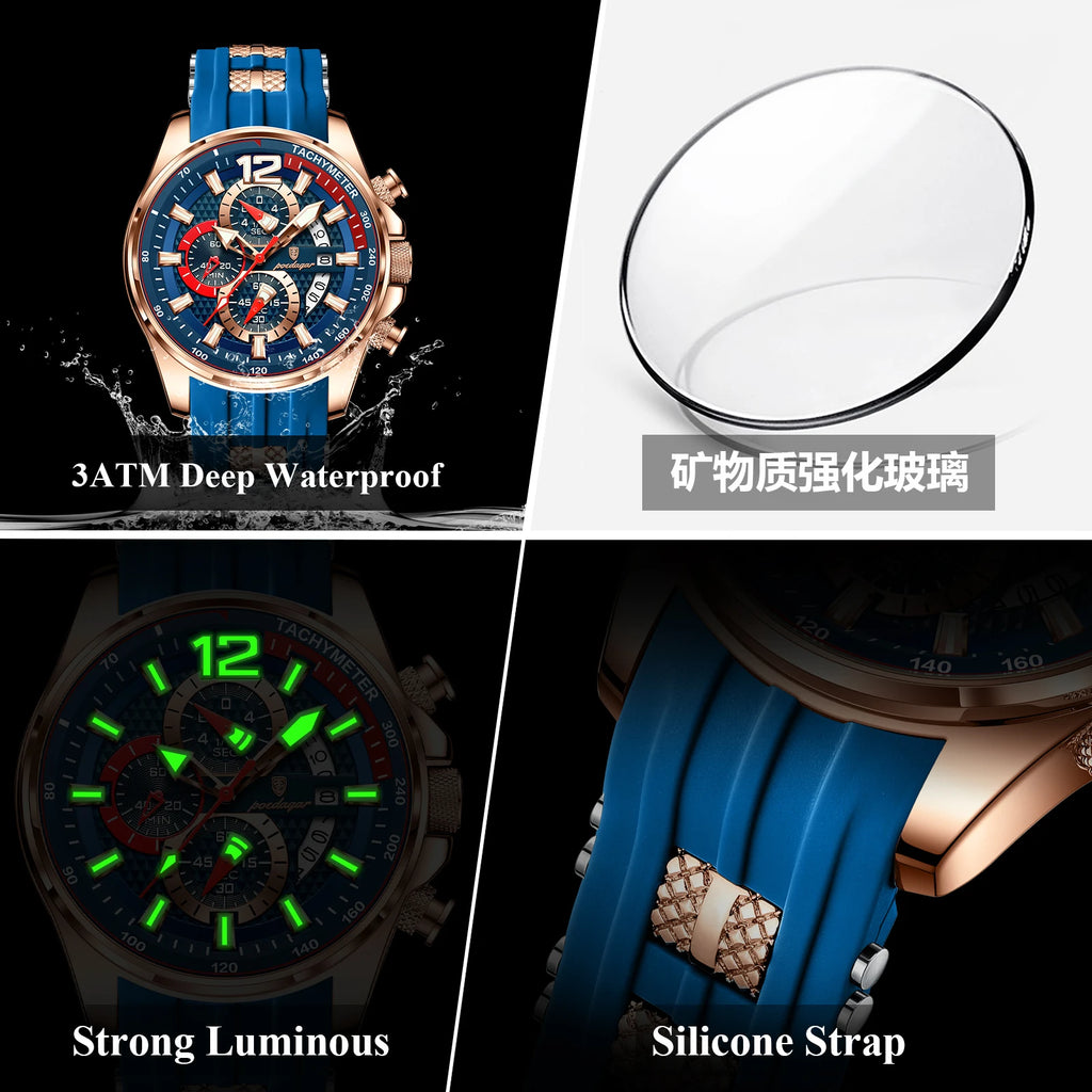 Poedagar New Arrival Men Fashion Quartz Chronograph Wristwatch Sports Silicone Band Luminous Waterproof Watch for Men