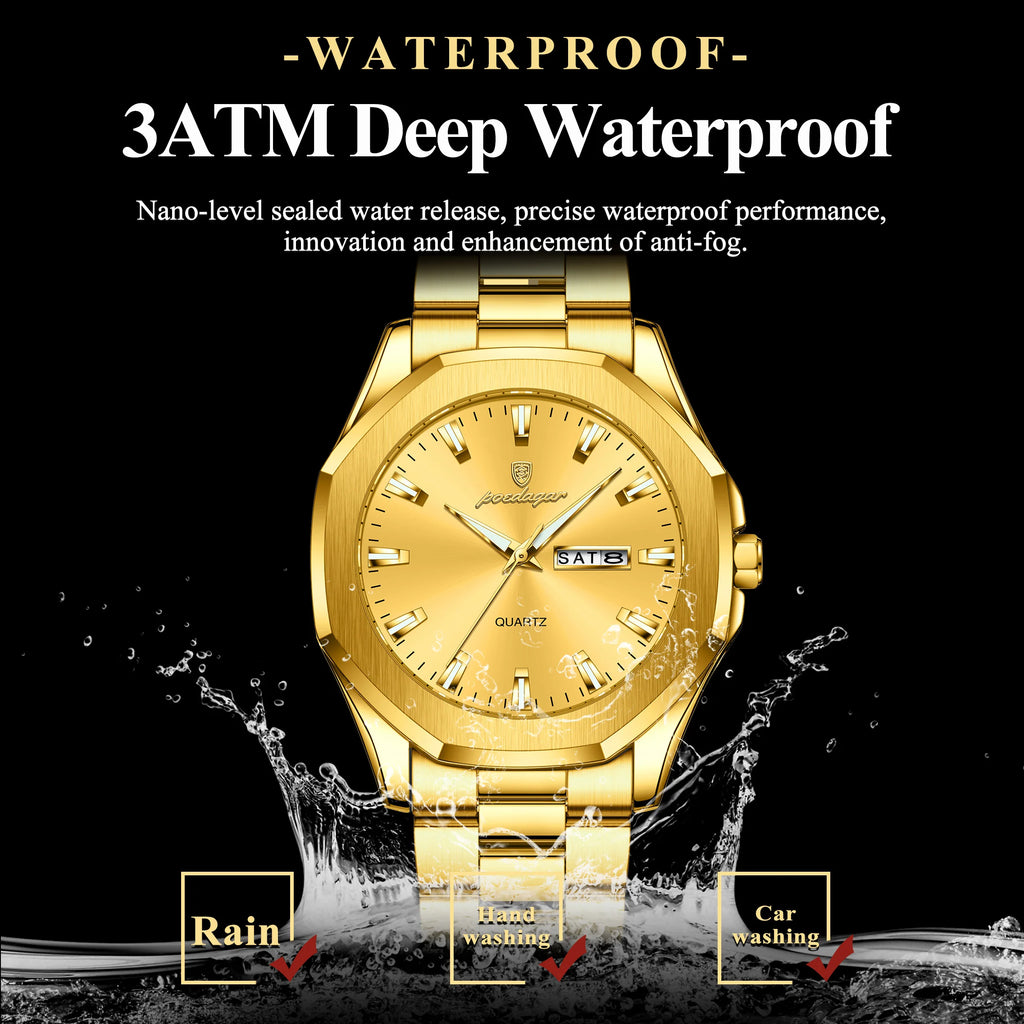 Poedagar 875 Luxury Mens Watch All Gold Octagonal Case Stainless Steel Quartz Watch Reloj Luminous Waterproof Wristwatch for Men