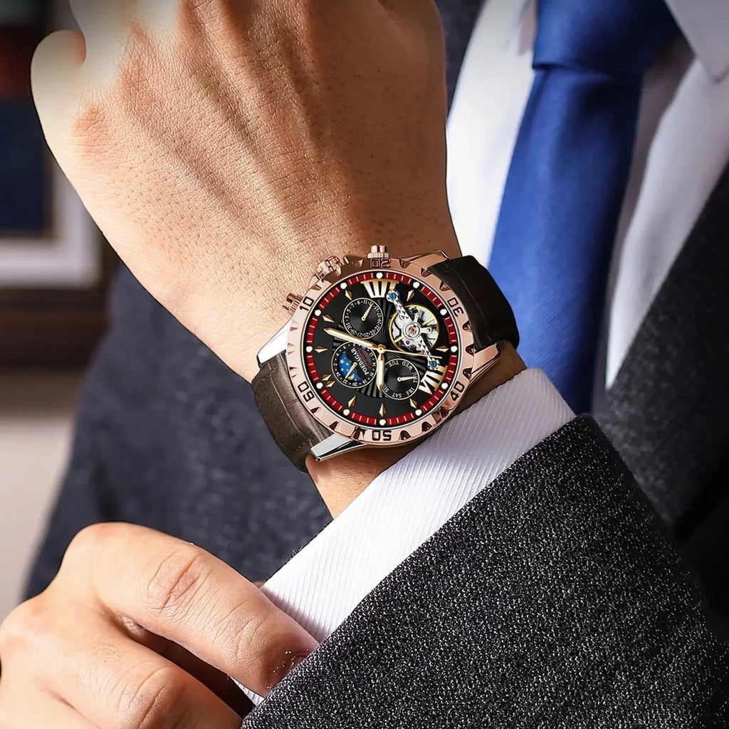 Poedagar Hollow Tourbillon Automatic Men's Watch Luxury LeatherWaterproof Luminous Mechanical Watch