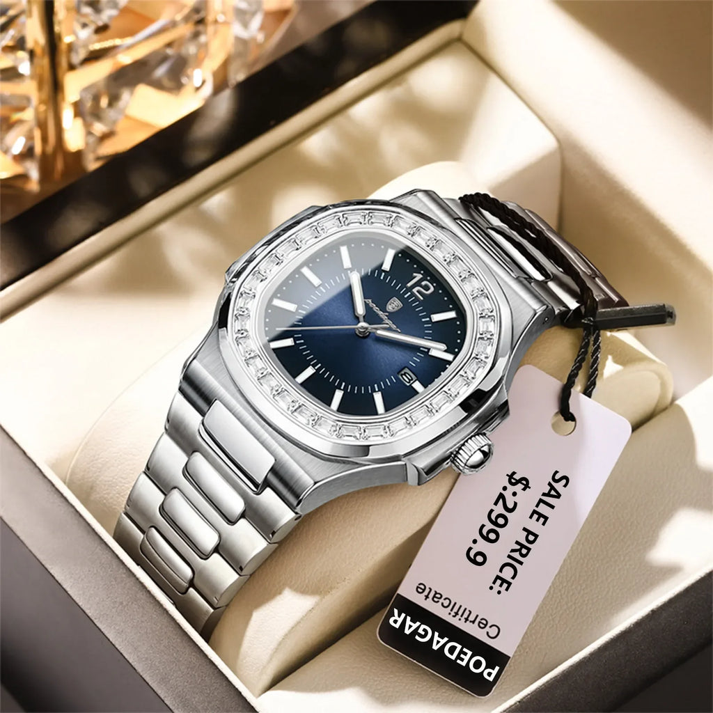 Poedagar Luxury Men Quartz Watch Fashion Square Reloj Waterproof Luminous Date Stainless Steel Watch for Men