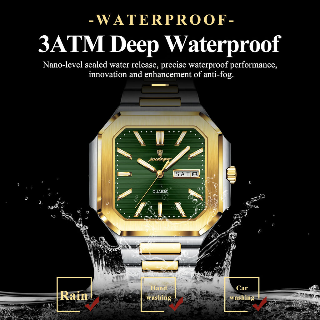 Poedagar 672 Men's Watch Luxury Square Case Stainless Steel Quartz Wristwatch Waterproof Luminous Date Business Watch for Men