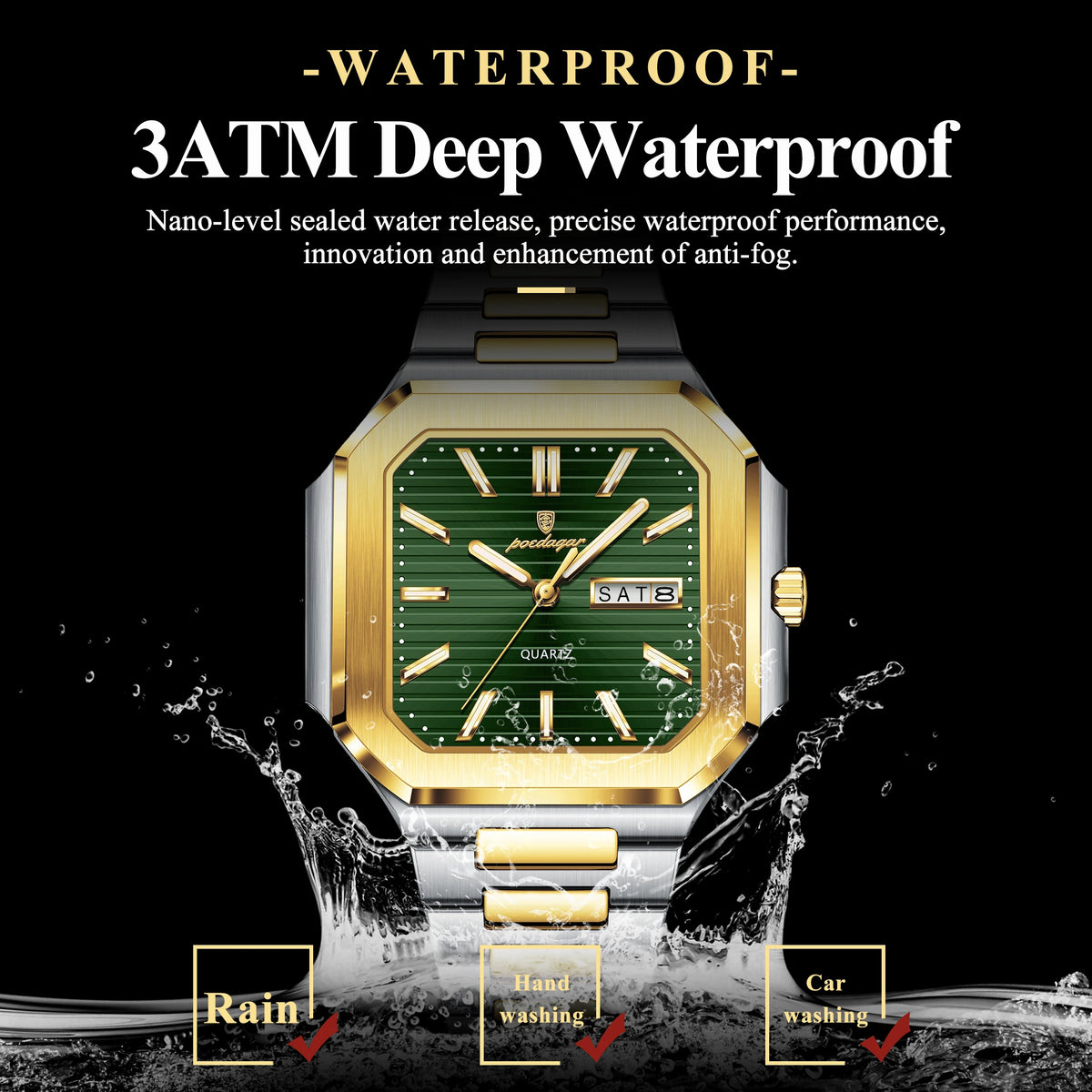 Poedagar 672 Men's Watch Luxury Square Case Stainless Steel Quartz Wristwatch Waterproof Luminous Date Business Watch for Men