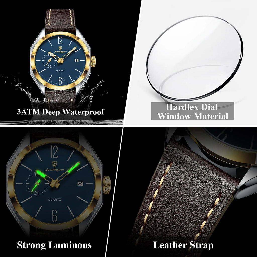 POEDAGAR 689 Luxury Antique Quartz Watch Men Hardlex Dial Leather Strap 3ATM Waterproof Luminous Night Light Business Wristwatch